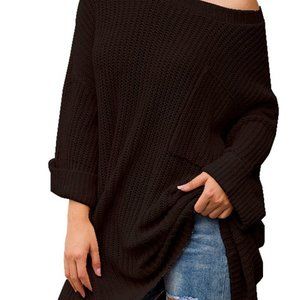 Oversized Round Neck Knit Sweater, Black